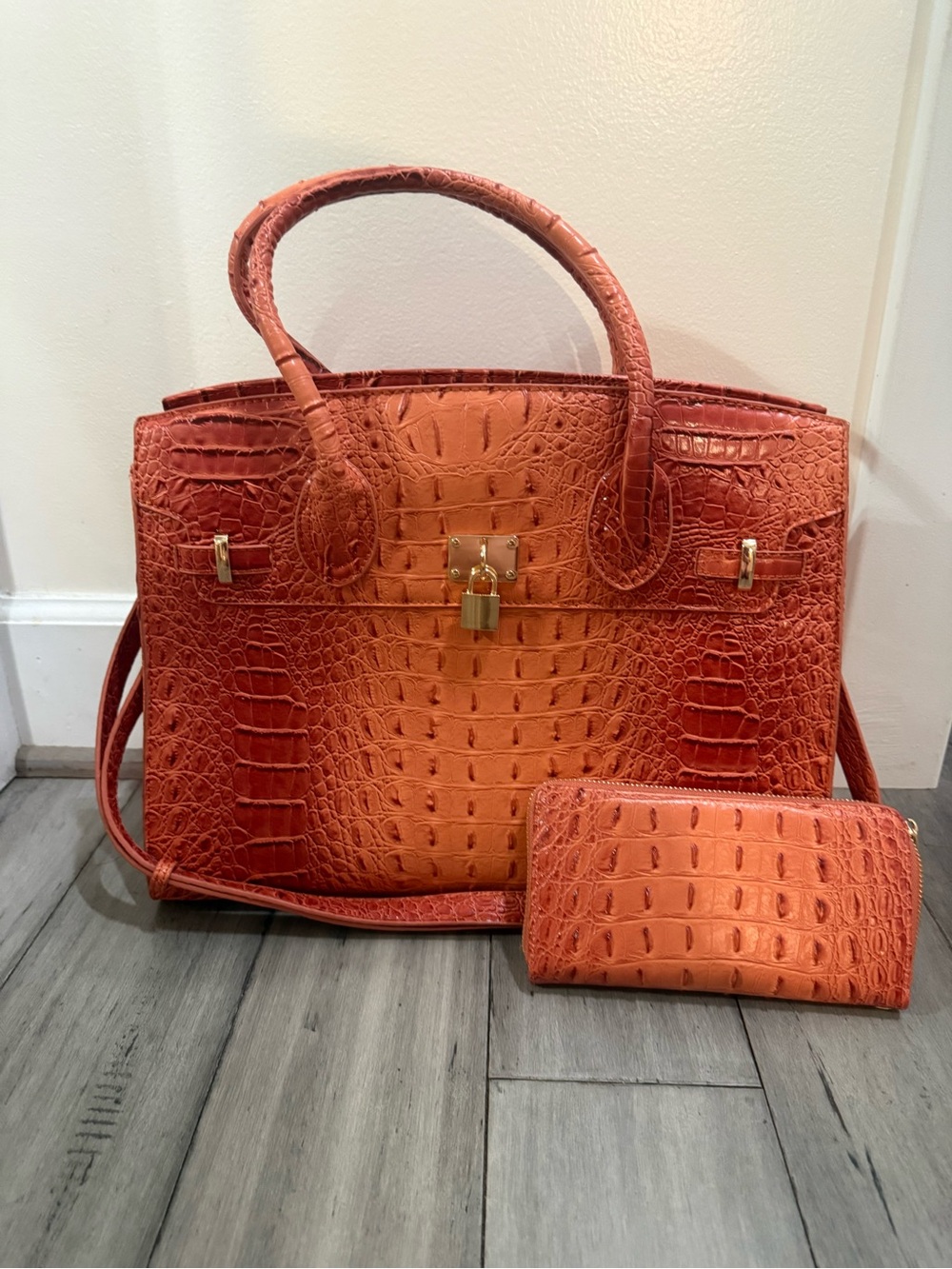 Orange Croc-Embossed Tote Bag with Matching Wallet